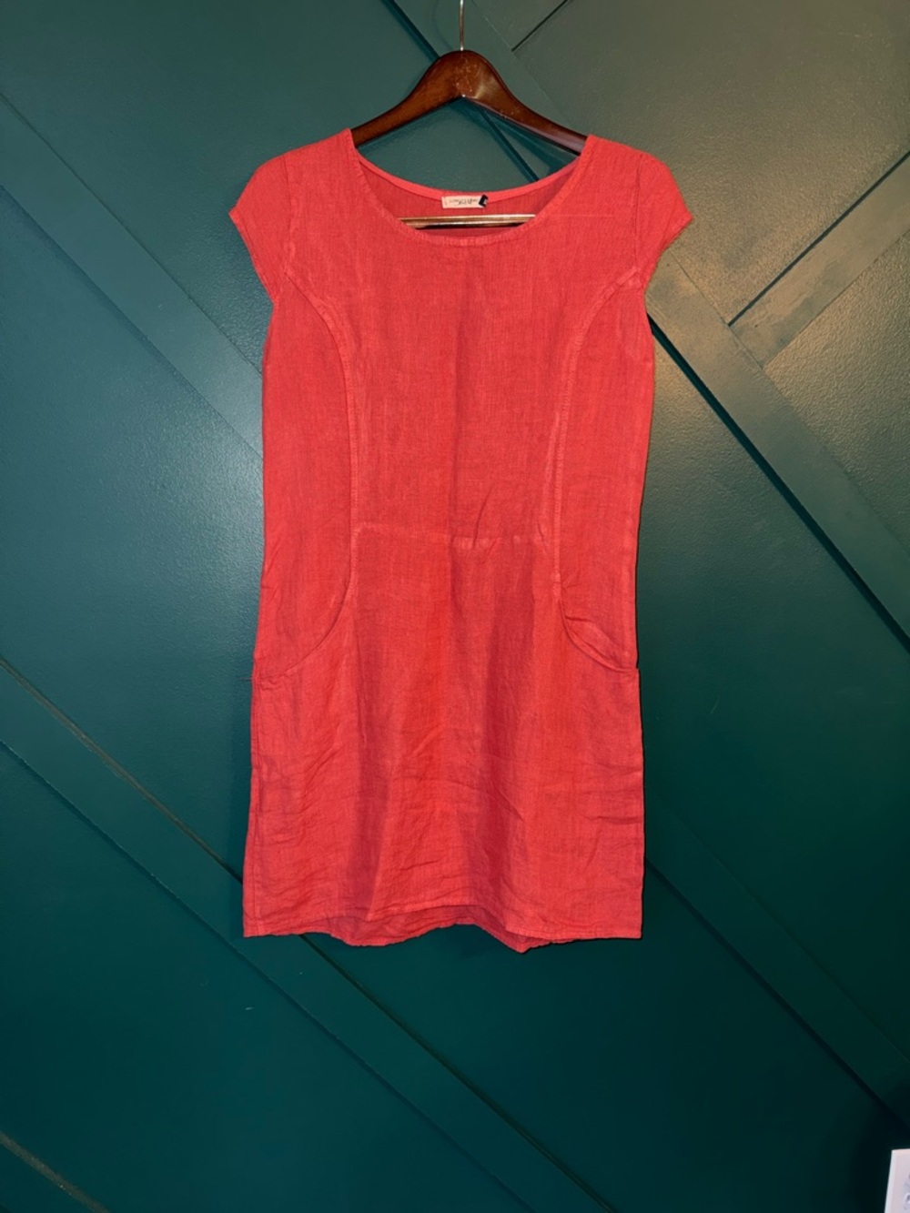 Coral Cap-Sleeve Mini Dress with Front Pockets
